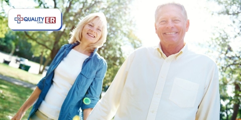 elderly couple walking during spring